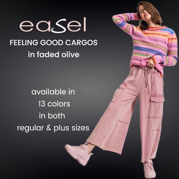 EASEL “Feeling Good Cargos” Mineral Washed Flared Leg, Raw Seams & Hems, Pockets - Picture 7 of 16